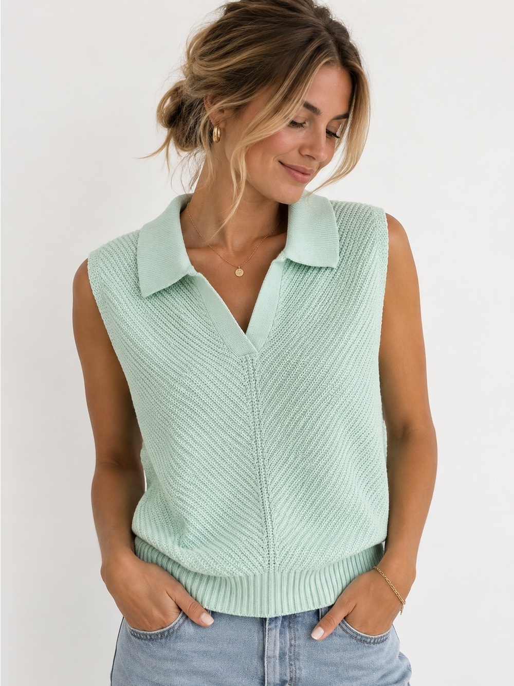 Mint Green Cotton Sweater Vest Polo Preppy Coastal Grandmother M